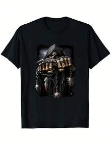Camiseta negra con la figura del Grim Reaper sosteniendo un cartel de "Game Over" y cadenas para Halloween y eventos de música rock. - Negro - Ver 7