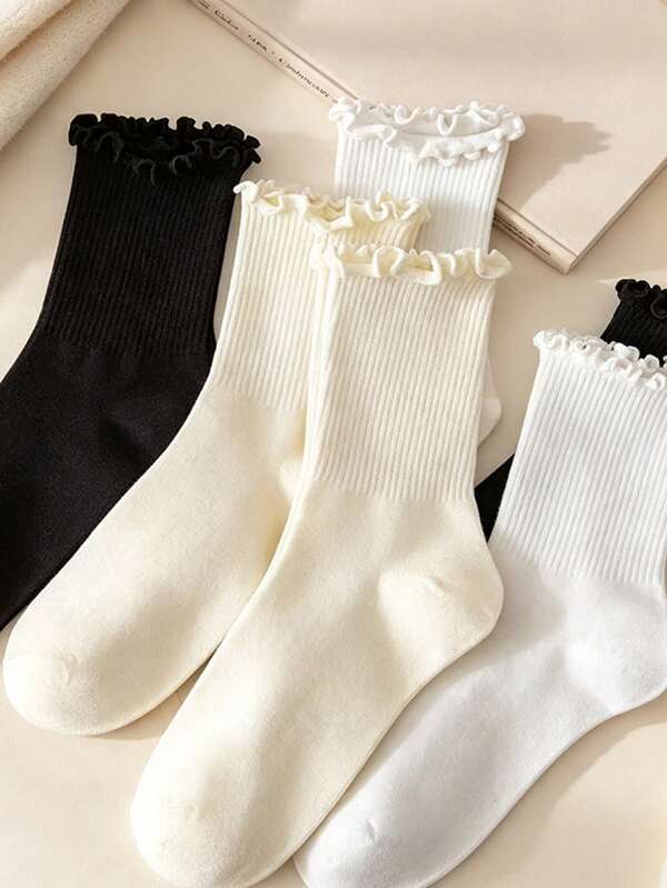 3 Pairs Sweet Lace Terry Socks, Versatile Solid Color Mid-Calf Socks, Elastic And Breathable, Antibacterial And Moisture-Wicking, Suitable For Matching With Sneakers, Slippers, Leather Shoes And White Shoes