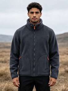 1pc Men's Dark Gray Stand Collar Fleece Jacket, Contrast Zipper Design Thickened Outdoor Hiking Fleece Top, Suitable For Young Men - Dark Grey - View 1