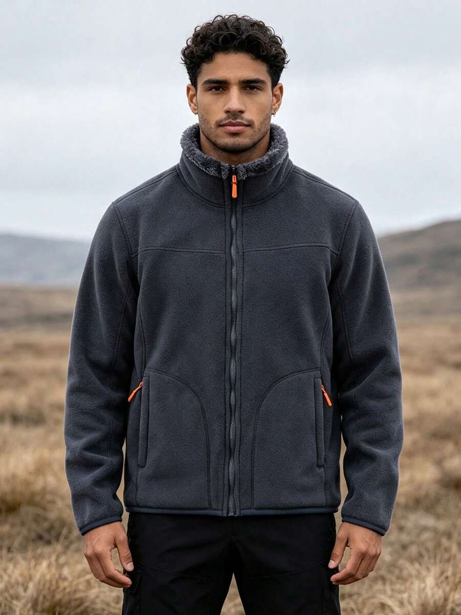 1pc Men's Dark Gray Stand Collar Fleece Jacket, Contrast Zipper Design Thickened Outdoor Hiking Fleece Top, Suitable For Young Men - Dark Grey - View 1