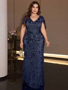 XUIBOL Women's Elegant Plus Size Sequin Mermaid Evening Gown, V-Neck Petal Sleeve Design, Perfect For Formal Dinner And Guest Attire - Navy Blue - View 5