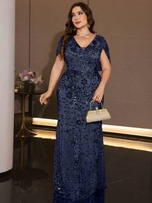 XUIBOL Women's Elegant Plus Size Sequin Mermaid Evening Gown, V-Neck Petal Sleeve Design, Perfect For Formal Dinner And Guest Attire - Navy Blue - View 7