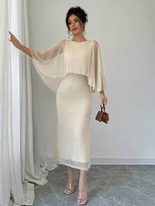 Women's Elegant Portrait Print Chiffon Dress Maxi Women Outfit - Apricot - View 1