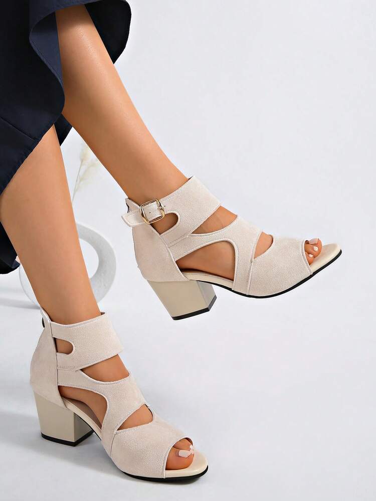 Spring/Summer Women's New Fashion Comfortable Beige Faux Suede Hollow-Out Chunky Heel Ankle Strap Sandals, Delicate Matte Suede Material, Multi-Layer Hollow-Out Cut Breathable And Non-Stuffy, Peep Toe Design For Slim Feet, Wide Ankle Strap With Gold Square Metal Buckle For Adjustable Fit, Hidden Back Zipper For Easy On/Off, Same Color Block Chunky High Heel For Stable Height Increase, Minimalist Commute Gentle Style, Suitable For Skirts, Blazers, Casual Pants, Spring/Summer Commute, Travel, Date Versatile Hollow-Out Chunky Heel Back Zipper Sandals - Beige - View 4