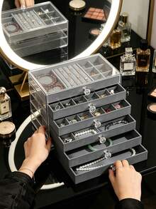 1pc Luxury Multi-Layer Acrylic Jewelry Organizer Box, Dust-Proof Transparent Lid With Compartments, Home Vanity Earring Ring Necklace Accessory Storage - Multicolor - View 3