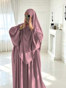 2pcs/Set Khimar+Abaya) Soft Muslim Prayer Outfit, Long Abaya With Matching Hijab, Casual Outing Essential Fashion Item (Hijab+Dress) - Multicolor - View 12