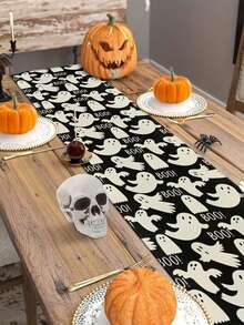 萬聖節 Boo 幽靈桌旗，恐怖趣味節日黑色廚房餐桌裝飾，秋季季節性居家裝飾，室內外派對用品 - 黑與白 - 查看 4
