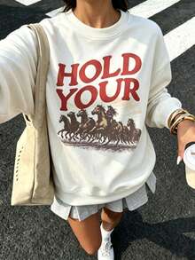 Women's White Knitted Crew Neck Long Sleeve Sweatshirt With Horse Print, Perfect For Creating A Bohemian Style Autumn Look - White - View 1