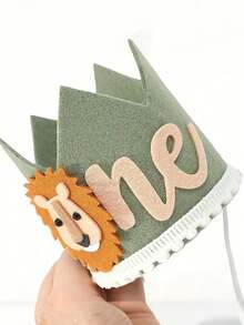 1/3pcs Jungle Lion 1st Birthday Crown Hat - Cute Bear Pattern Felt Animal Hat, For First Birthday Party And Babyshower Decorations - A - View 1