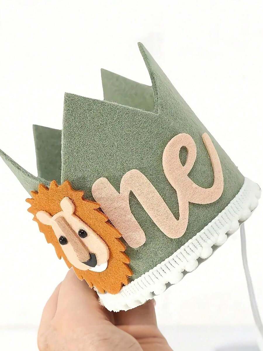 1/3pcs Jungle Lion 1st Birthday Crown Hat - Cute Bear Pattern Felt Animal Hat, For First Birthday Party And Babyshower Decorations - A - View 1