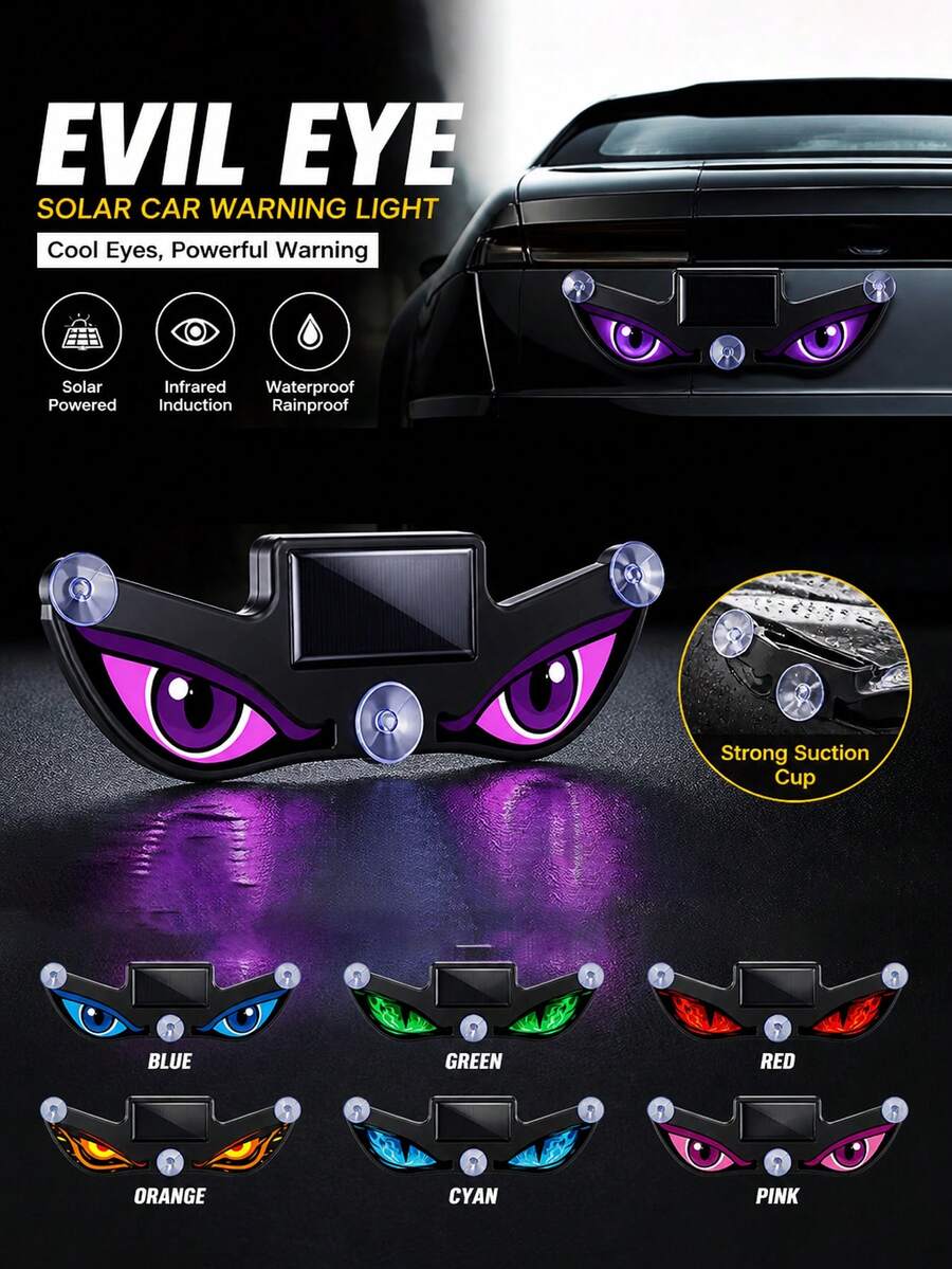 Solar Powered Demon Eye LED Car Window Light, 2026 New Dynamic LED Car Eyes With Vibration And Light Sensor, Magic Eye Windshield Atmosphere Light, USB-C Rechargeable, 5 Modes, Suction Cup Installation, 300mAh Battery