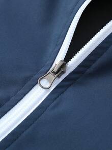 Men's Colorblock Half-Zip Stand Collar Pullover Windbreaker Jacket, Functional Half-Open Front Jacket With Curved Logo Embroidery And Elastic Cuffs, Casual Sports Top For Spring And Autumn - Navy Blue - View 6