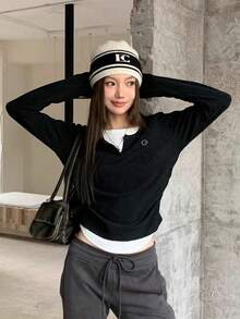 美式休閒刺繡設計 2 合 1 收腰長袖 T 恤，修身顯瘦春季上衣，黑色 - 黑色 - 查看 4