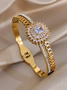 1Pc/Set Luxury Elegant Floral Geometry Diamond Stainless Steel Bangle Bracelet For Women,Party,Daily,Christmas,Birthday Gift/Wedding/Halloween - Multicolor - View 6