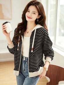 YUXIN Fashion Striped Full Zip Hooded Jacket, Women's Casual Long Sleeve Outerwear, Soft Lining With Adjustable Drawstring, Spring/Autumn Vacation Jacket - Black and White - View 2