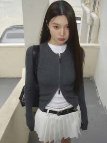 Cardigan Lengan Panjang Longgar Leher Bulat Ritsleting Ganda Gaya Korea Terbaru Musim Gugur, Atasan Serbaguna untuk Wanita - Dark Grey - View 3