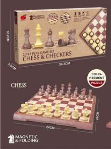 2合1磁性折疊西洋棋與棋盤遊戲套裝，木紋大尺寸遊戲盤，防水教育遊戲，適合家庭聚會 - 查看 6