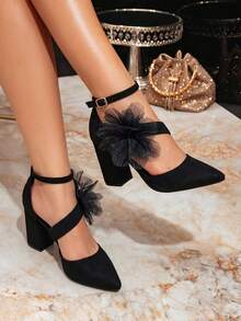 Black Pointed Toe Double Strap Chunky Heel Sandals, Tulle Flower Ankle Strap High Heels, Suitable For Evening Party - Black - View 3