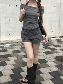 女款韓式露肩 2 合 1 掛脖短袖休閒 T-shirt - 灰色 - 查看 4
