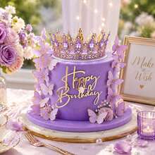 57pcs Purple Rhinestone Crown Cake Topper Set, Gold Butterfly Decor, Happy Birthday Acrylic Cake Topper, Princess Birthday Party Cake Decoration Supplies - Multicolor - View 3