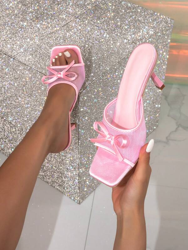 Fashionable Versatile Pink Mesh & Fabric Patchwork Slip-On Square Toe Kitten Heel High Heel Sandals Elegant Women's Shoes