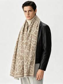 Autumn/Winter Vintage Intellectual Leopard Print Jacquard Scarf For Men, Dandy Gentleman Shawl, Suit Coat Layering Accessory, Holiday Gift, Warm Thick Cold-Proof Scarf For Boys - Beige - View 4