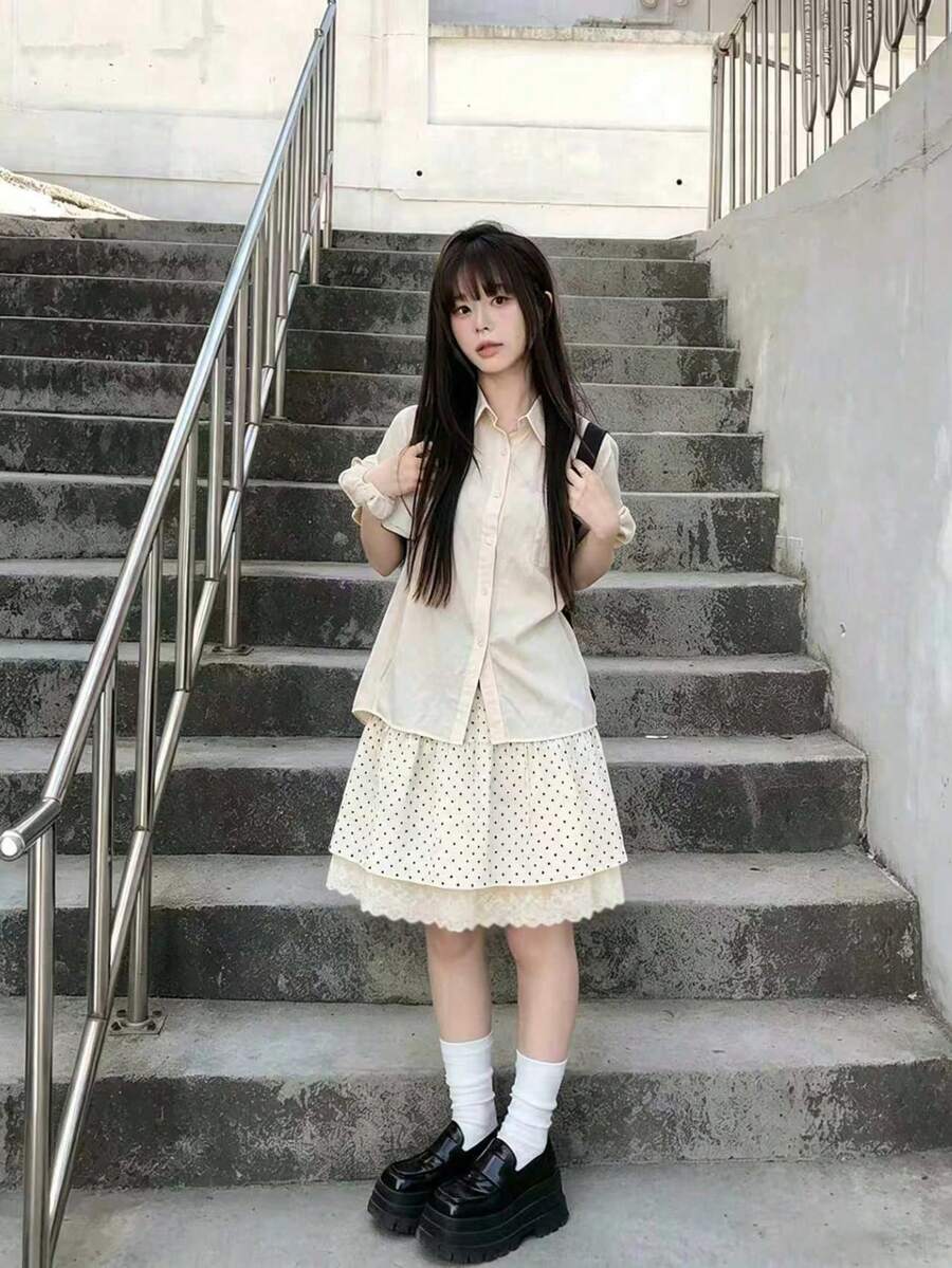 Korean Style Vintage Polka Dot Lace Trim Patchwork Petite Skirt (Random Polka Dot) - Apricot - View 1