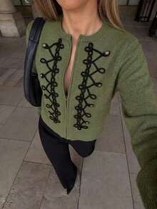 Women's Vintage Frog Button Zipper Knit Cardigan, European Style Round Neck Long Sleeve Short Jacket, Autumn/Winter Casual Versatile Knit Sweater Fall - Army Green - View 1