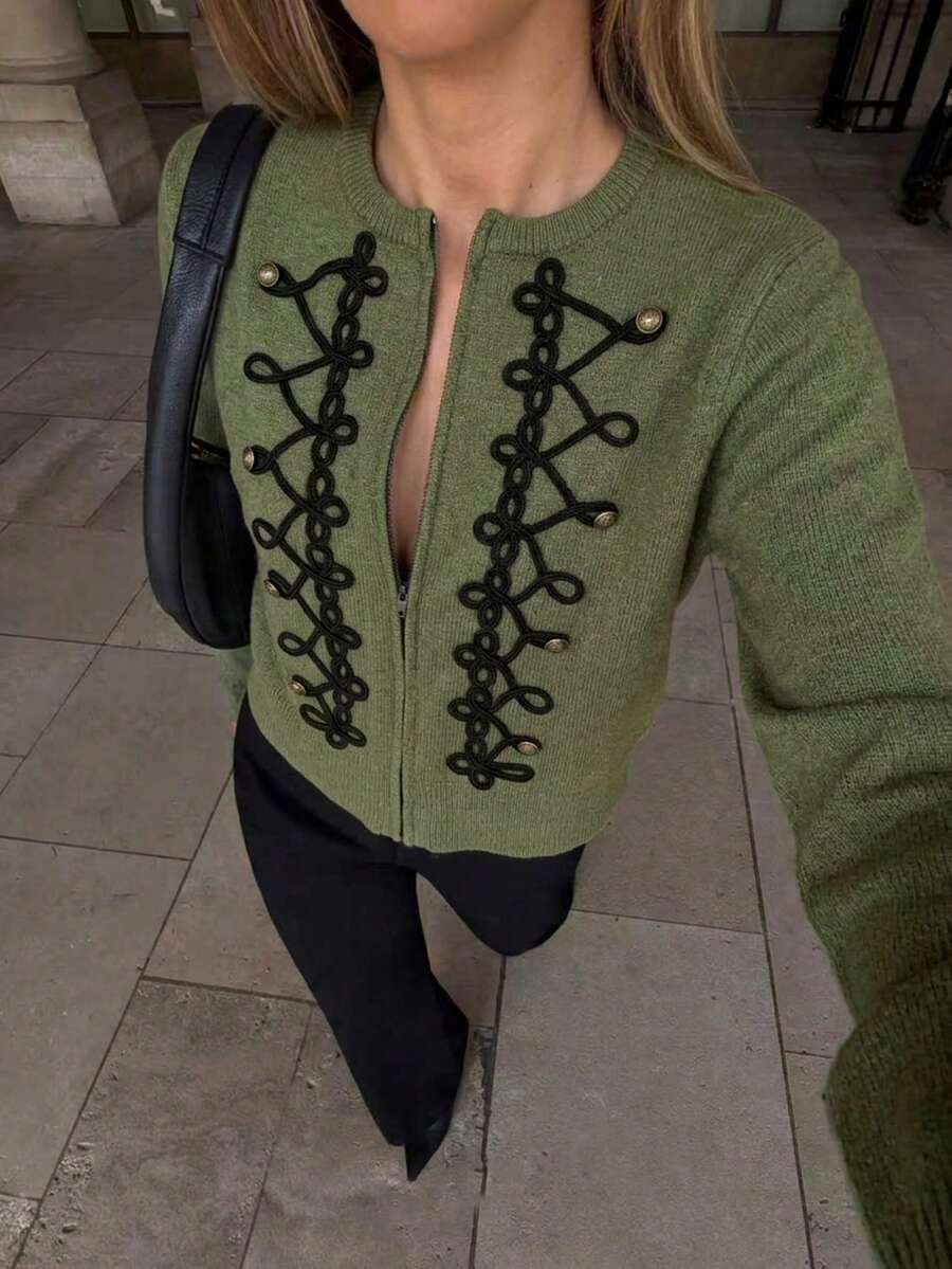 Women's Vintage Frog Button Zipper Knit Cardigan, European Style Round Neck Long Sleeve Short Jacket, Autumn/Winter Casual Versatile Knit Sweater Fall - Army Green - View 1