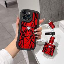5件組紅色蜘蛛手機殼圖案 + 充電頭保護套 + 線材保護套 + 收納繩 TPU 防震保護殼，相容 Apple 17 16e 16 15 14 13 12 11 Mini Pro Max Air X XR XSMAX 8 7 Plus，防震磨砂背殼，智慧型手機保護殼，日常使用殼，時尚手機配件，創意設計，UV 印刷設計，時尚保護殼，時尚愛好者，音樂愛好者，生日禮物首選 - 彩色 - 查看 4