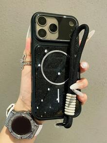 Luxury Glitter Camera Protection Bracket Magnetic Phone Case Compatible With IPhone 17 Pro Max 17 Pro 17 16 Pro Max 16 Pro 16 15 Pro Max 15 Pro Max 15 Pro 15 14 Pro Max 14 Pro 14 13 Pro Max 13 Pro 13 Wireless Charging Anti Drop Lens Protective Back Cover ﻿Bring A Short Rope - Black - View 2