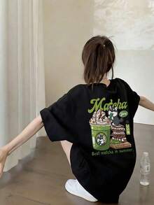 Women's Casual Round Neck Loose Fitting Ice Cream Letter Print Short Sleeve T-Shirt, Versatile For Summer Black - Black - View 5
