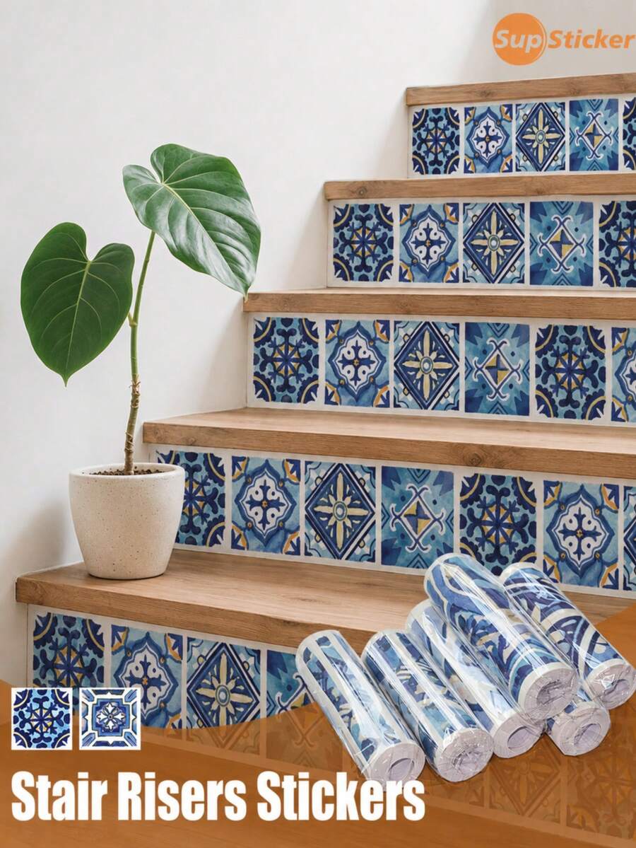 SUPSTICKER 1 Roll 4pcs Bohemian Geometric Floral Tile Stair Tread Stickers, PVC Self-Adhesive Waterproof Oil-Proof, 6/6.5/7/7.5/8x47.24 Inches, Suitable For Stairs, Kitchen Walls - 4PC - View 1