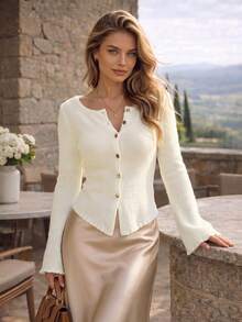 Women Autumn White Ribbed Knit Cropped Cardigan Gold Button Front Round Neck Flare Sleeve Curved Hem Casual Going Out Tops - White - View 1