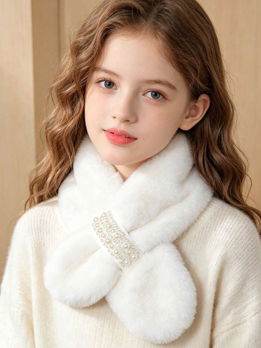 Faux Rabbit Fur Pearl Cross Plush Scarf Neck Warmer - Warm Girls Neck Warmer Pearl Cross Plush Scarf Girls Faux Fur Neck Warmer Autumn/Winter Thickened Warm Versatile Faux Rabbit Fur Scarf - Multicolor - View 1