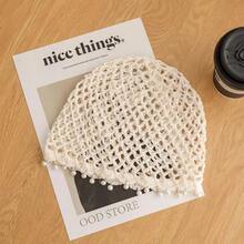 1pc Vintage Bohemian Crochet Hair Hat With Pearl Pendant, Hollow Mesh Beach Vacation Hat - B - View 5