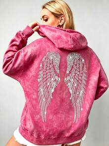 Women's Oversized Angel Wings Print Hoodie - Black Y2K Back Graphic Pullover,  Fall Winter  Streetwear , Comfy Oversized Silhouette2026 - Red 1 - 查看 2