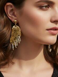 2 pièces Boucles d'oreilles pendantes asymétriques élégantes et exquises avec feuilles et franges, incrustées de CZ en métal doré, convenant pour les fêtes, les rassemblements, les cadeaux - Doré - Voir 3