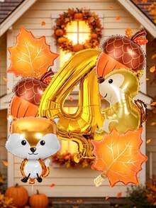 Set Of 8 Gold Balloons Featuring Numbers, Foxes, Squirrels, Acorns, And Maple Leaves-Perfect For Birthday Decorations, Woodland-Themed Parties, Fall Harvest Parties, Thanksgiving, Baby Showers, And Autumn Outdoor Picnics. - View 5