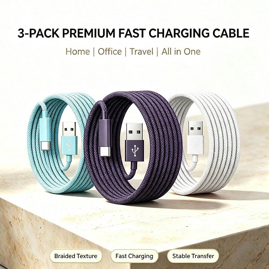 3入快充 USB-A 轉 USB-C 數據線，編織尼龍耐用手機充電線，多種長度可選 3ft 6ft 10ft，相容 及其他 Android 手機與 Android 裝置，適用車用配件/旅行必需品/桌面配件，藍色