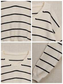 JIANHU Women's Striped V-Neck Pullover Sweater, Long Sleeve Contrast Striped, Winter Holiday Casual Wear - White - View 11