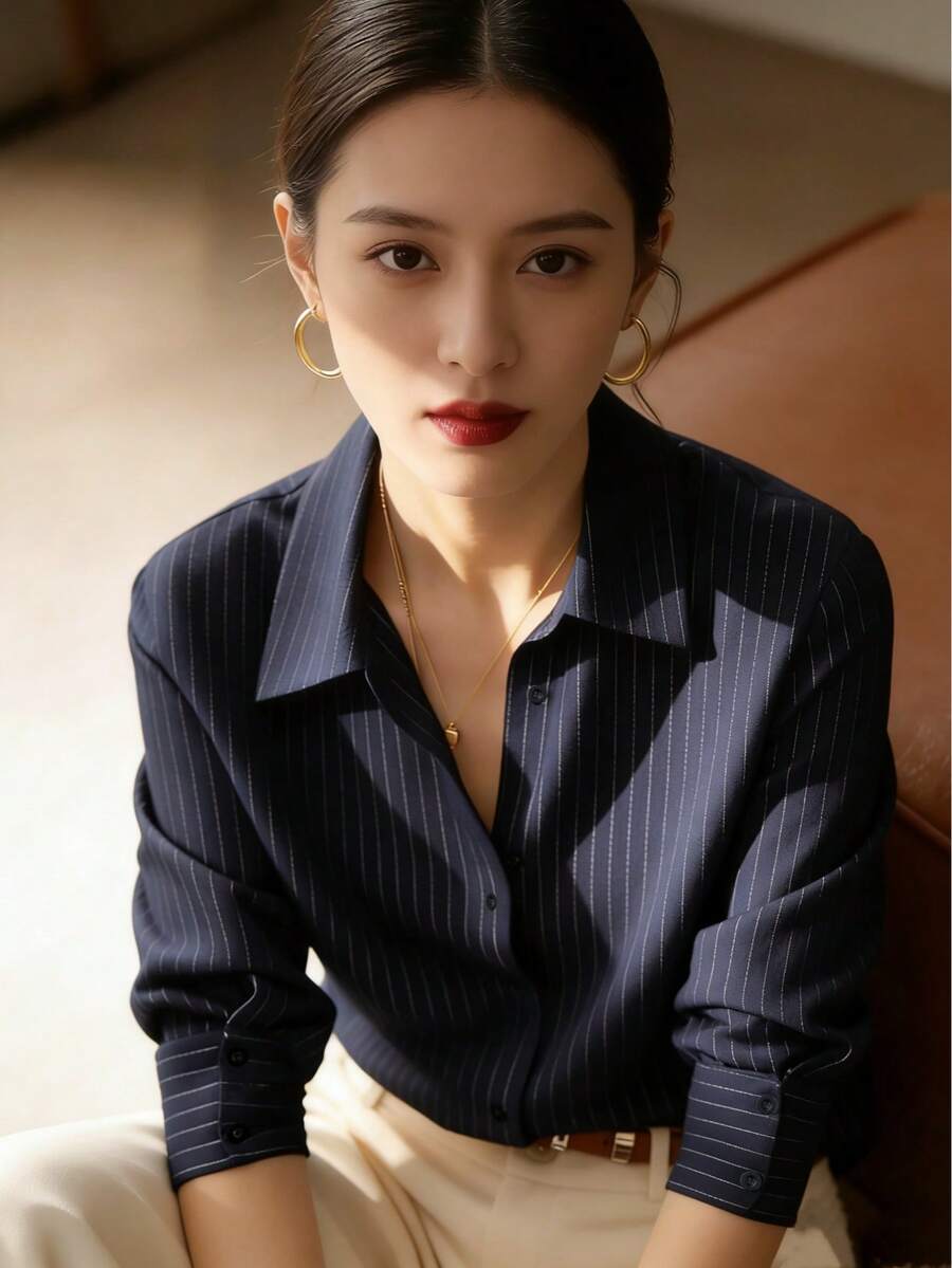 YUXIN 春秋新款宽松时尚蓝色条纹优雅长袖衬衫，设计感十足的通勤工作服修身百搭衬衫