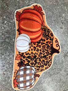 1pc Cartoon Leopard Print Plaid Pumpkin Shaped Rug, Vintage Halloween Style, Halloween, Outdoor Doormat, Kitchen Rug, Home Decor, Area Rug, Garden Rug, Washable Rug - Multicolor - View 4