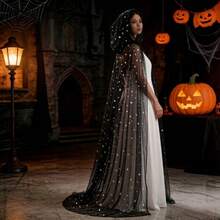 Capa con capucha de tul semitransparente con patrón de estrellas y luna en tono oscuro, estilo vestido de novia con cola larga, capa de cosplay de bruja de Halloween a juego para actuación en escenario - Capa larga de cielo estrellado - Ver 3
