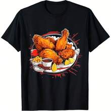 Women's Fashion T-Shirt, Retro Style, Fried Chicken Graphic Print, Funny, Comfortable, Casual, Loose Fit, Short Sleeve, Round Neck - Shape - View 1