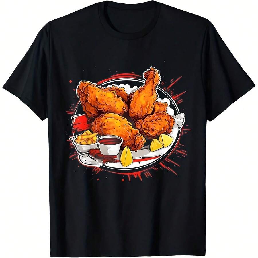Women's Fashion T-Shirt, Retro Style, Fried Chicken Graphic Print, Funny, Comfortable, Casual, Loose Fit, Short Sleeve, Round Neck - Shape - View 1