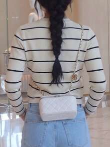 Women's Striped Gold Button Cardigan Sweater, White Long Sleeve, Medium Stretch, Regular Fit, Autumn/Winter - Black and White - View 6