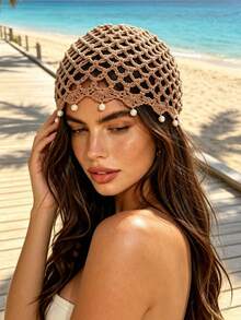 1pc Vintage Bohemian Crochet Hair Hat With Pearl Pendant, Hollow Mesh Beach Vacation Hat - B - View 3
