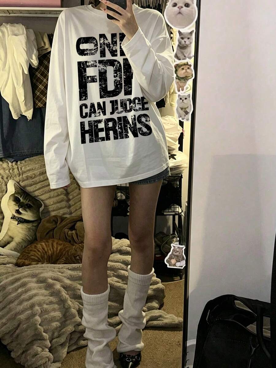 Y2K American Street Style Retro Loose Long Sleeve T-Shirt For Women, Layering Versatile Minimalist Casual Fashion Inner Layer Base White - White - View 1