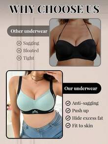 1pc Seamless Colorblock Lift-Up Plus Size Wire-Free Push-Up Anti-Sagging Side-Smoothing Bra, European And American Style - Green - View 6